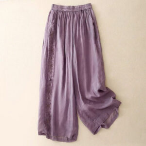 Buddha Stones Side Embroidery Design Cotton Women's 7-8 Length Wide Leg Pants With Pockets - MediumOrchid - US12，UK/AU16，EU44 (3XL) - image 1