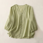 Buddha Stones Embroidery Button-down Women's Cotton Linen Shirt - YellowGreen - US8-10，UK/AU12-14，EU40-42 (2XL) - image 1