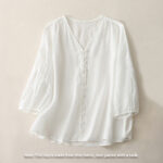 Buddha Stones Embroidery Button-down Women's Cotton Linen Shirt - image 8
