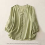 Buddha Stones Embroidery Button-down Women's Cotton Linen Shirt - image 2