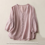 Buddha Stones Embroidery Button-down Women's Cotton Linen Shirt - image 18