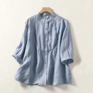 Buddha Stones Plain Single Breasted Women's Cotton Linen Shirt - SteelBlue - US14，UK/AU18，EU46 (3XL) - image 1