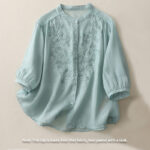 Buddha Stones Embroidery Flowers Single Breasted Women's Cotton Linen Shirt - image 21
