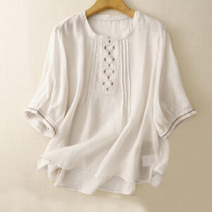 Buddha Stones Embroidery Crew Neck Pleats Women's Cotton Linen Half Sleeve T-shirt - Beige - US14，UK/AU18，EU46 (2XL) - image 1