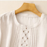 Buddha Stones Embroidery Crew Neck Pleats Women's Cotton Linen Half Sleeve T-shirt - image 3
