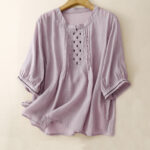 Buddha Stones Embroidery Crew Neck Pleats Women's Cotton Linen Half Sleeve T-shirt - Plum - US14，UK/AU18，EU46 (2XL) - image 19