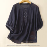 Buddha Stones Embroidery Crew Neck Pleats Women's Cotton Linen Half Sleeve T-shirt - image 13