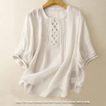 Buddha Stones Embroidery Crew Neck Pleats Women's Cotton Linen Half Sleeve T-shirt - image 2