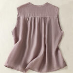 Buddha Stones Casual Sleeveless Pleated Design Women's Cotton Linen Half Sleeve Shirt - image 2