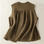 Buddha Stones Casual Sleeveless Pleated Design Women's Cotton Linen Half Sleeve Shirt - image 11