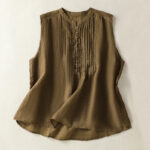 Buddha Stones Casual Sleeveless Pleated Design Women's Cotton Linen Half Sleeve Shirt - Olive - US14，UK/AU18，EU46 (2XL) - image 10