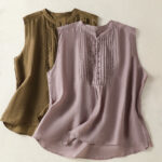 Buddha Stones Casual Sleeveless Pleated Design Women's Cotton Linen Half Sleeve Shirt - image 19
