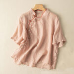 Buddha Stones Casual Slant Collar Embroidery Frog-Button Design Women's Cotton Linen Shirt - LightSalmon - US16，UK/AU20，EU48 (3XL) - image 3
