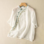 Buddha Stones Casual Slant Collar Embroidery Frog-Button Design Women's Cotton Linen Shirt - White - US16，UK/AU20，EU48 (3XL) - image 11