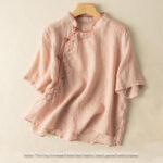 Buddha Stones Casual Slant Collar Embroidery Frog-Button Design Women's Cotton Linen Shirt - image 4