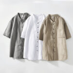 Buddha Stones Vintage Simple Buttons Design Men's Short Sleeve Cotton Linen Shirt With Pocket - image 20