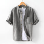 Buddha Stones Vintage Simple Buttons Design Men's Short Sleeve Cotton Linen Shirt With Pocket - Gray - US/UK/AU42，EU52 (3XL) - image 1