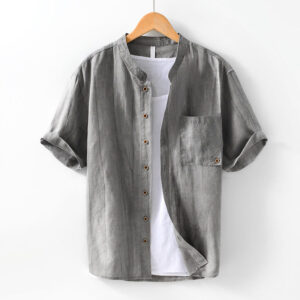 Buddha Stones Vintage Simple Buttons Design Men's Short Sleeve Cotton Linen Shirt With Pocket - Gray - US/UK/AU42，EU52 (3XL) - image 1