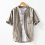 Buddha Stones Vintage Simple Buttons Design Men's Short Sleeve Cotton Linen Shirt With Pocket - DarkKhaki - US/UK/AU42，EU52 (3XL) - image 14