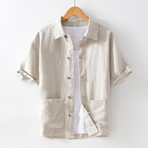 Buddha Stones Vintage Solide Color Buttons Men's Short Sleeve Linen Shirt With Pockets - Beige - US/UK/AU42，EU52 (3XL) - image 1