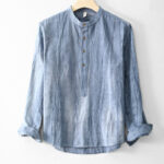 Buddha Stones Plain Pleats Half Buttons Design Stand Collar Men's Long Sleeve Cotton Linen Shirt - CornflowerBlue - US/UK/AU44，EU54 (4XL) - image 10