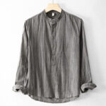 Buddha Stones Plain Pleats Half Buttons Design Stand Collar Men's Long Sleeve Cotton Linen Shirt - LightSlateGray - US/UK/AU44，EU54 (4XL) - image 13