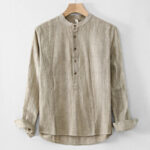 Buddha Stones Plain Pleats Half Buttons Design Stand Collar Men's Long Sleeve Cotton Linen Shirt - DarkKhaki - US/UK/AU44，EU54 (4XL) - image 1