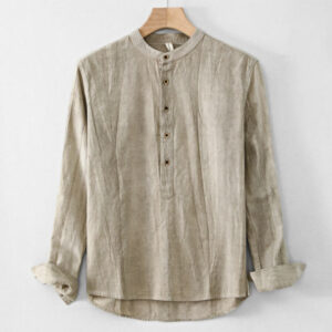 Buddha Stones Plain Pleats Half Buttons Design Stand Collar Men's Long Sleeve Cotton Linen Shirt - DarkKhaki - US/UK/AU44，EU54 (4XL) - image 1
