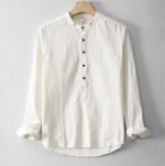 Buddha Stones Plain Pleats Half Buttons Design Stand Collar Men's Long Sleeve Cotton Linen Shirt - FloralWhite - US/UK/AU44，EU54 (4XL) - image 6