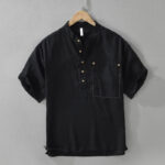 Buddha Stones Summer Half Buttons Design Lapel Men's Short Sleeve Linen Shirt With Pocket - Black - US/UK/AU42，EU52 (3XL) - image 1