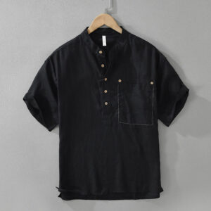 Buddha Stones Summer Half Buttons Design Lapel Men's Short Sleeve Linen Shirt With Pocket - Black - US/UK/AU42，EU52 (3XL) - image 1