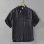 Buddha Stones Summer Half Buttons Design Lapel Men's Short Sleeve Linen Shirt With Pocket - MidnightBlue - US/UK/AU42，EU52 (3XL) - image 3
