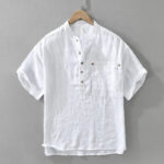 Buddha Stones Summer Half Buttons Design Lapel Men's Short Sleeve Linen Shirt With Pocket - White - US/UK/AU42，EU52 (3XL) - image 2