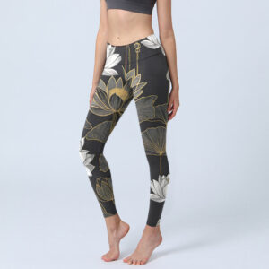 Buddha Stones White Golden Lotus Leaves Print Gym Leggings Women's Yoga Pants - Black - US18，UK/AU22，EU50 (4XL) - image 1