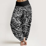 Buddha Stones Rough Waves Pattern Women's Elastic Waist Harem Pants - Black - US22，UK/AU26，EU54 (6XL) - image 1