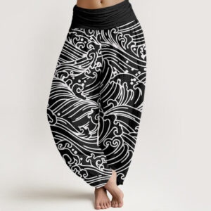 Buddha Stones Rough Waves Pattern Women's Elastic Waist Harem Pants - Black - US22，UK/AU26，EU54 (6XL) - image 1