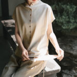 Buddha Stones Button Vintage Buttons Design Stand Collar Cotton Women's Shirt - image 11