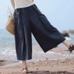 Buddha Stones Casual Plain Cotton High Waist Women's Wide Leg Capri Cropped Pants With Pockets - MidnightBlue - US8-10，UK/AU12-14，EU40-42 (2XL) - image 1