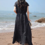 Buddha Stones Casual Plain Irregular Hem Short Sleeve Cotton Linen Maxi Dress - image 2