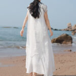 Buddha Stones Casual Plain Irregular Hem Short Sleeve Cotton Linen Maxi Dress - image 20