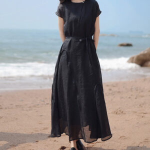 Buddha Stones Casual Plain Irregular Hem Short Sleeve Cotton Linen Maxi Dress - Black - US8-10，UK/AU12-14，EU40-42 (2XL) - image 1
