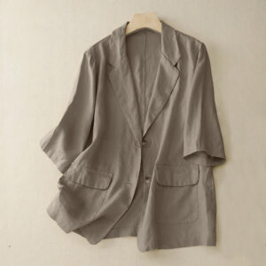 Buddha Stones Women's Three Quarter Sleeve Button Cotton Small Suit Jacket With Pockets - Tan - US12，UK/AU16，EU44 (2XL) - image 1