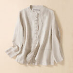 Buddha Stones Women's Cotton Linen Stand Collar Long Sleeve Jacket With Pockets - Beige - US12，UK/AU16，EU44 (2XL) - image 1