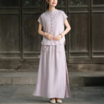 Buddha Stones 2Pcs Buttons Shirt Top Skirt With Pockets Meditation Cotton Clothing Women's Set - image 2