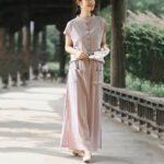 Buddha Stones 2Pcs Buttons Shirt Top Skirt With Pockets Meditation Cotton Clothing Women's Set - image 3
