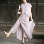 Buddha Stones 2Pcs Buttons Shirt Top Skirt With Pockets Meditation Cotton Clothing Women's Set - LightPink Shirt and RosyBrown Skirt - US8-10，UK/AU12-14，EU40-42 (2XL) - image 1