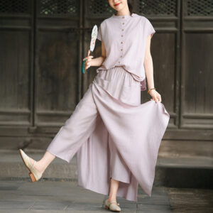 Buddha Stones 2Pcs Buttons Shirt Top Skirt With Pockets Meditation Cotton Clothing Women's Set - LightPink Shirt and RosyBrown Skirt - US8-10，UK/AU12-14，EU40-42 (2XL) - image 1