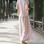 Buddha Stones 2Pcs Buttons Shirt Top Skirt With Pockets Meditation Cotton Clothing Women's Set - image 6
