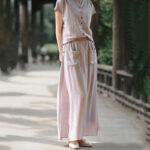 Buddha Stones 2Pcs Buttons Shirt Top Skirt With Pockets Meditation Cotton Clothing Women's Set - image 4