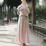 Buddha Stones 2Pcs Buttons Shirt Top Skirt With Pockets Meditation Cotton Clothing Women's Set - image 8